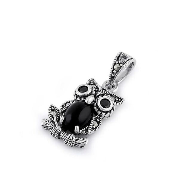 New Sterling Silver Black Onyx and Dark Garnet Owl Marcasite Pendant Necklace - Picture 1 of 8